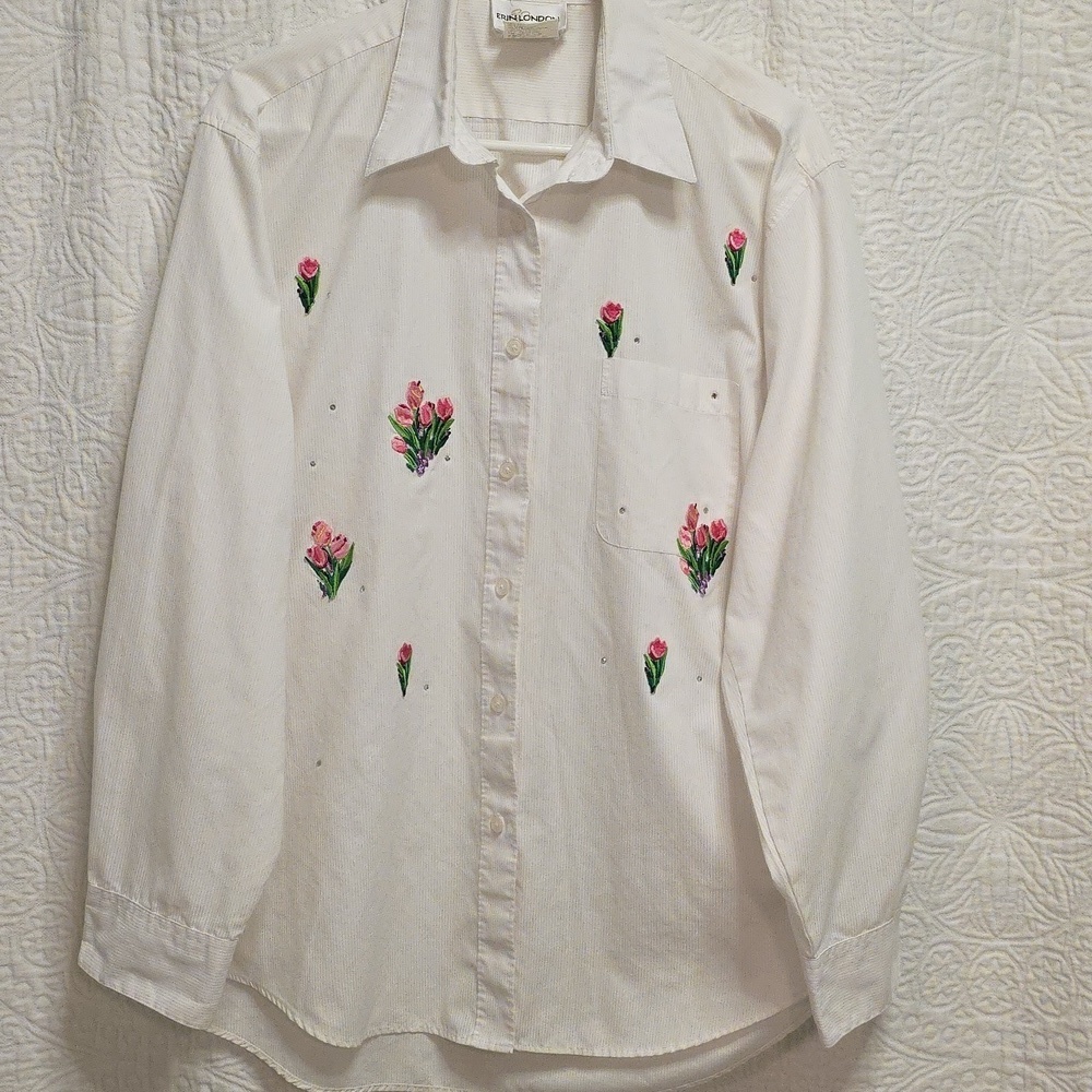 Vintage 90s Erin London button down blouse shirt top white floral large casual - Picture 2 of 10